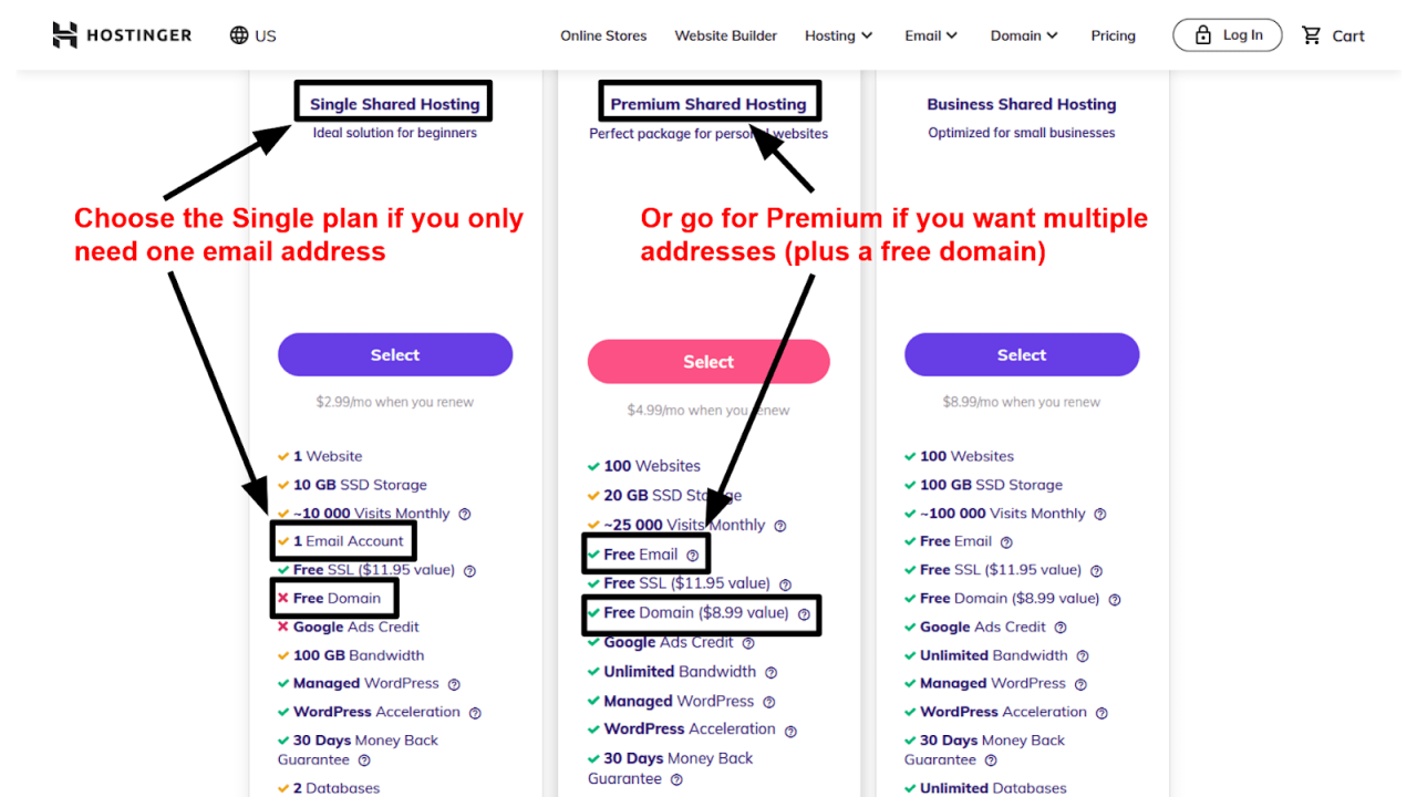 Hostinger email plans